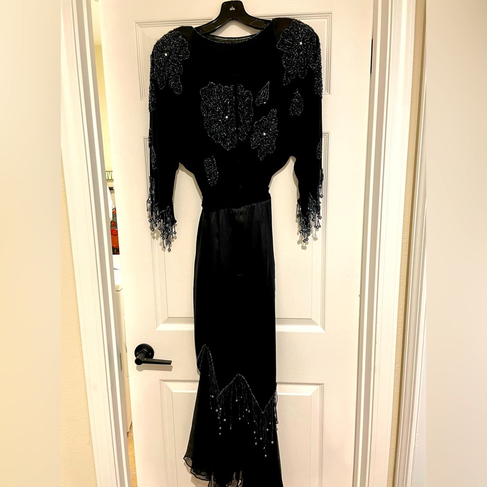 Beautiful, formal, silk beaded dress with sash.